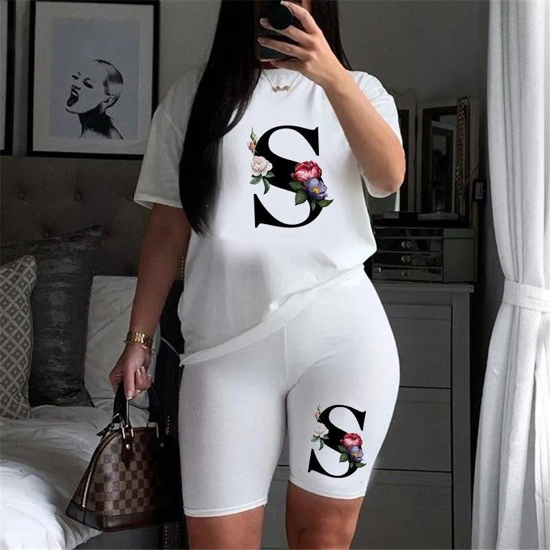 Women Letter Print Design Short Sleeve T Shirts and Shorts  Casual Joggers Set