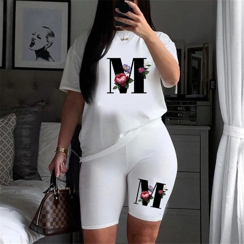 Women Letter Print Design Short Sleeve T Shirts and Shorts  Casual Joggers Set