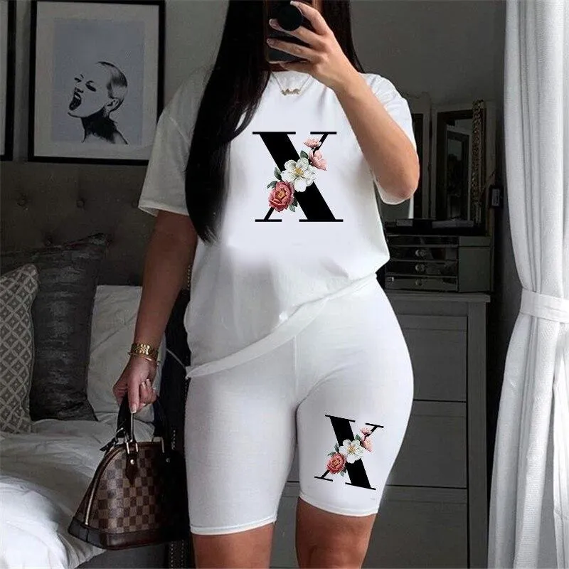 Women Letter Print Design Short Sleeve T Shirts and Shorts  Casual Joggers Set