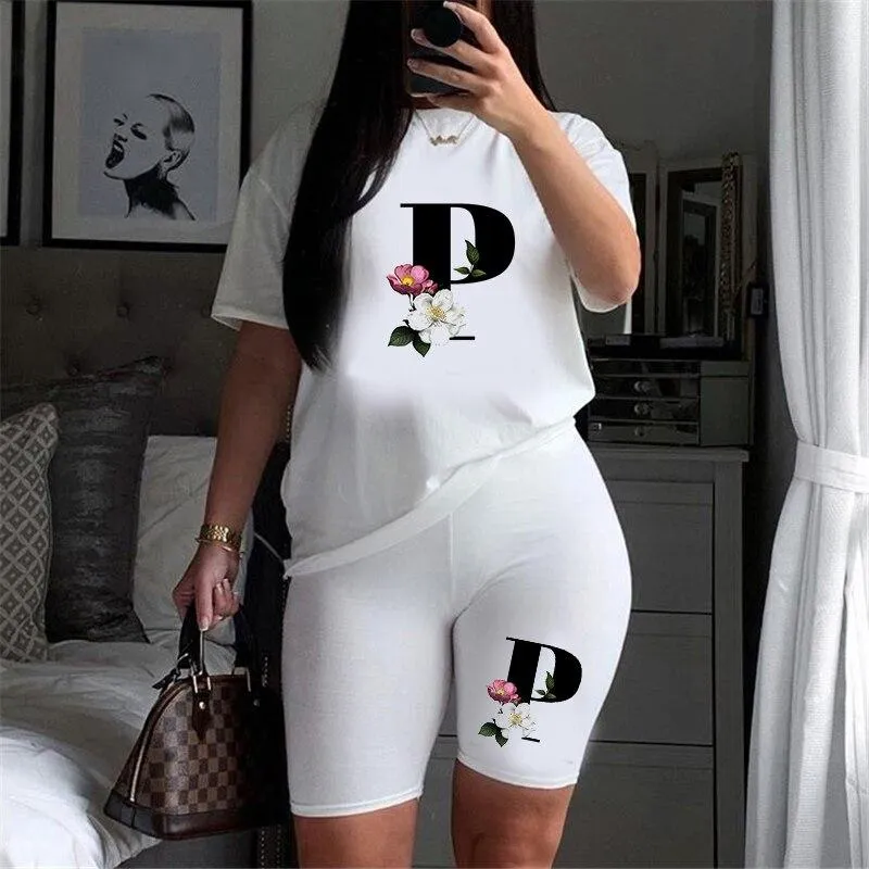 Women Letter Print Design Short Sleeve T Shirts and Shorts  Casual Joggers Set