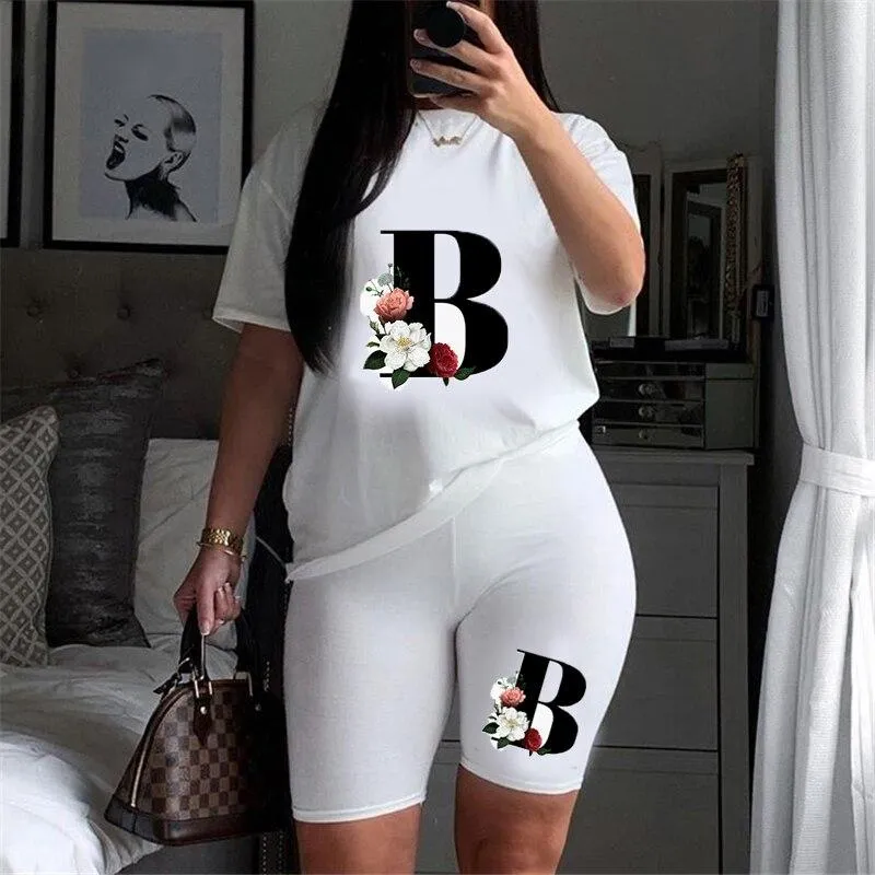 Women Letter Print Design Short Sleeve T Shirts and Shorts  Casual Joggers Set