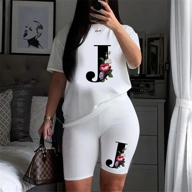 Women Letter Print Design Short Sleeve T Shirts and Shorts  Casual Joggers Set