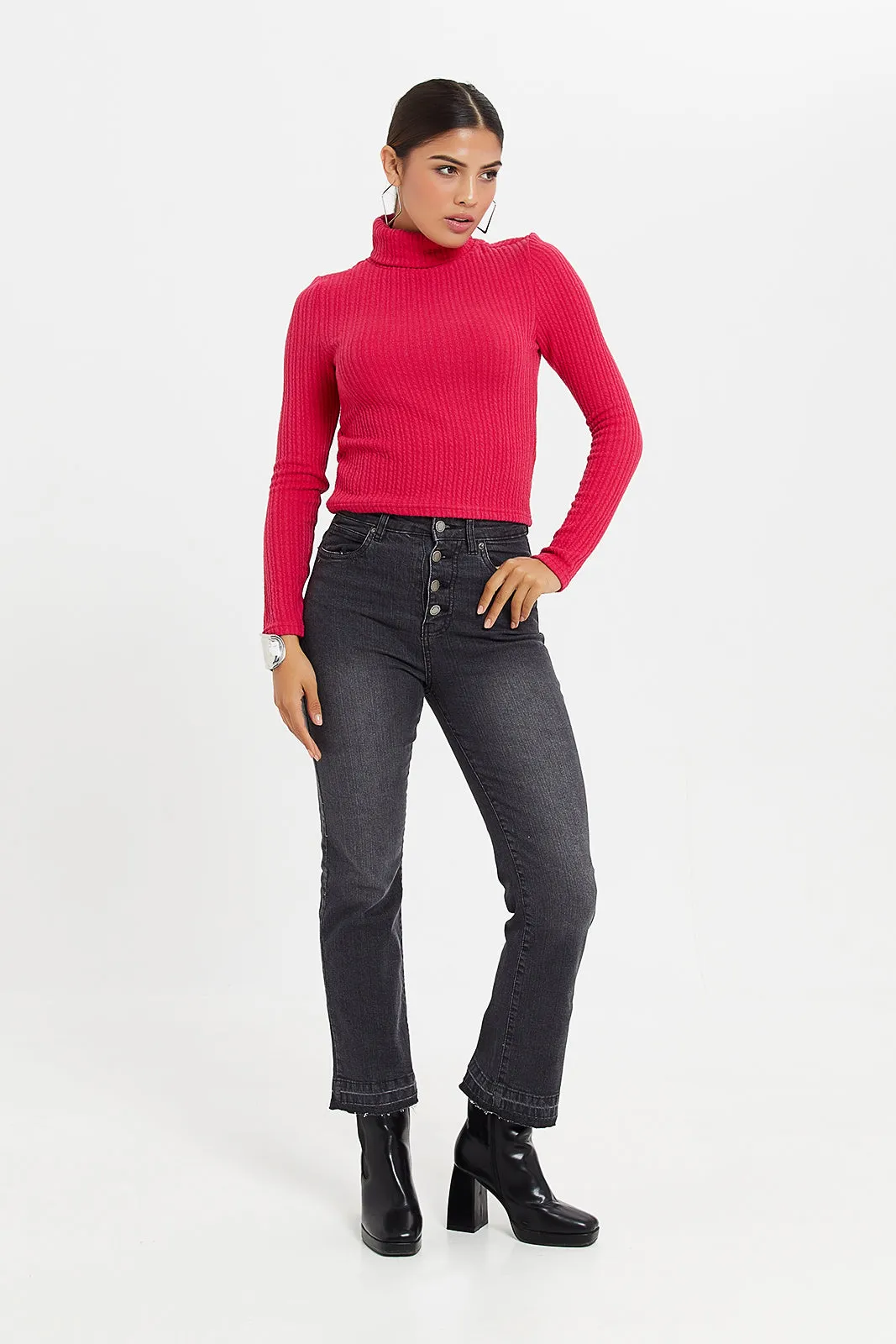 Women Pink Turtle Neck Rib Top