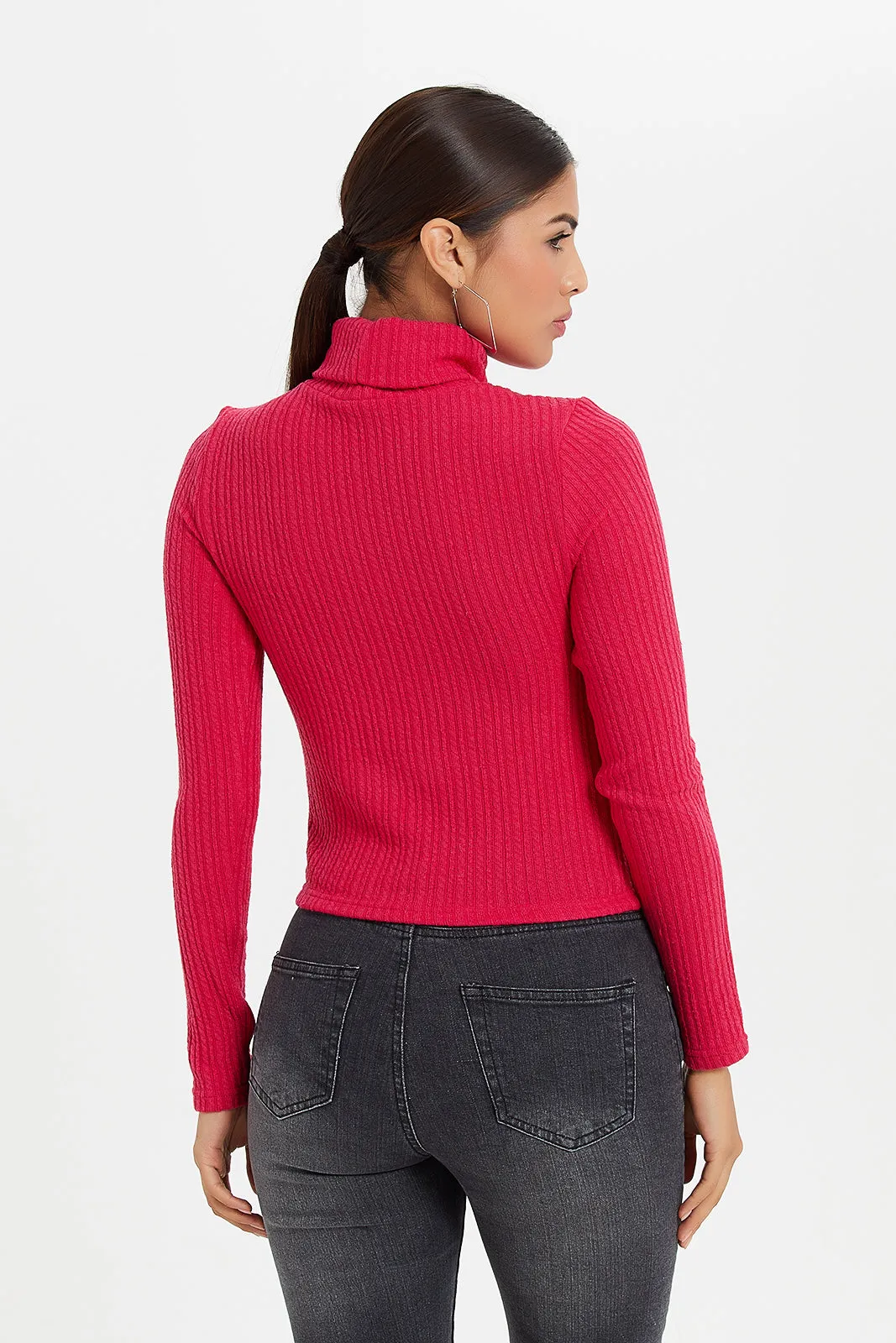 Women Pink Turtle Neck Rib Top