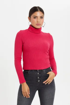 Women Pink Turtle Neck Rib Top