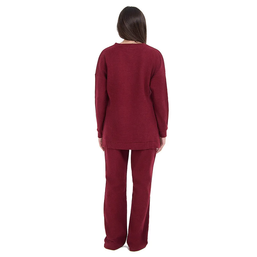 Women Winter Pajama Set Dark Red Oversized Sweatshirt   Pants