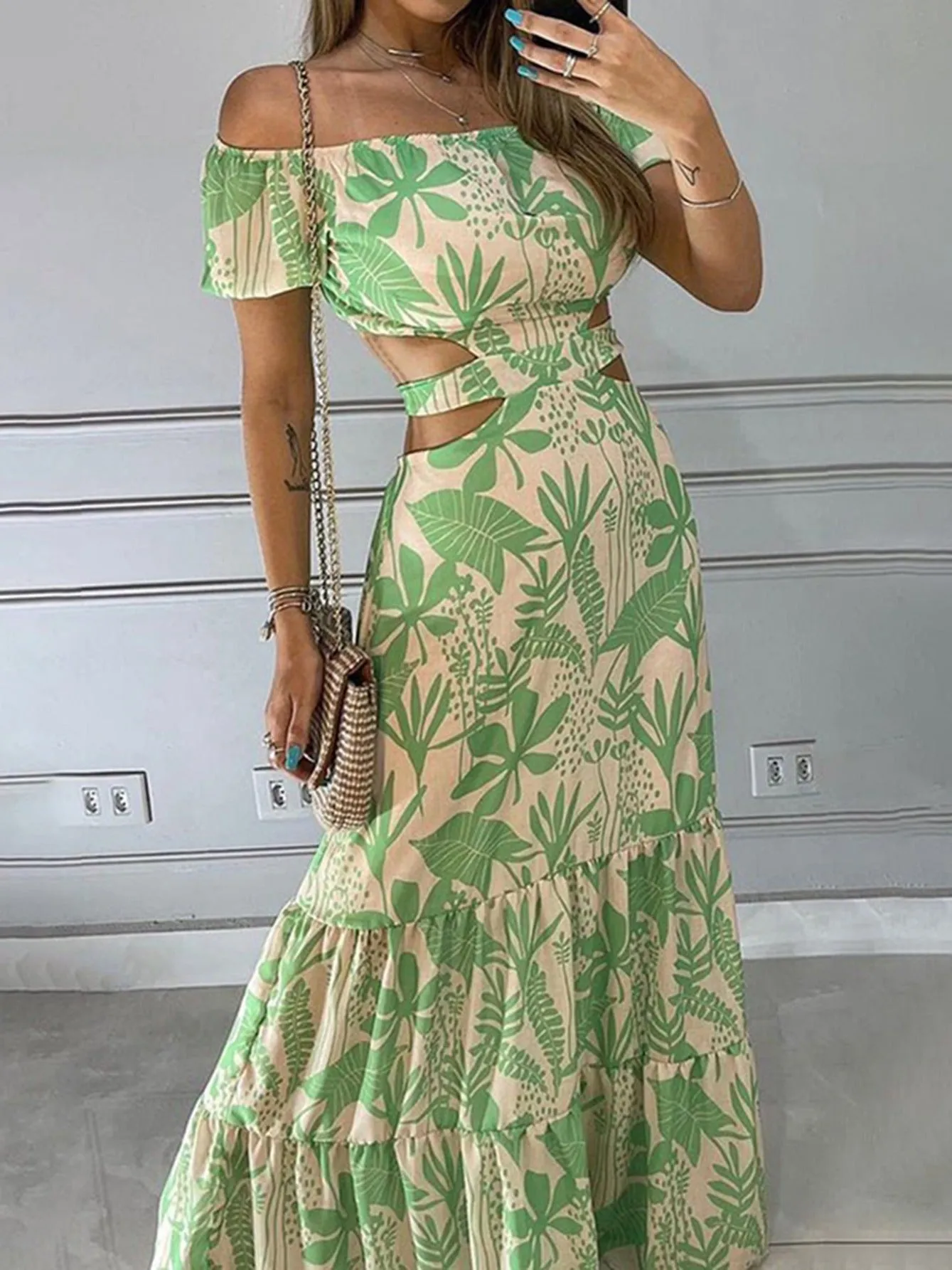 Women's Dresses Tropical Print Off Shoulder Cut Out Maxi Dresses Beachwear