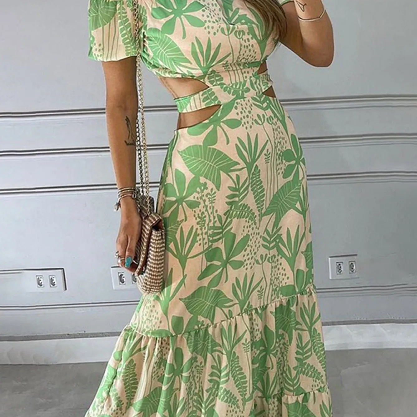 Women's Dresses Tropical Print Off Shoulder Cut Out Maxi Dresses Beachwear