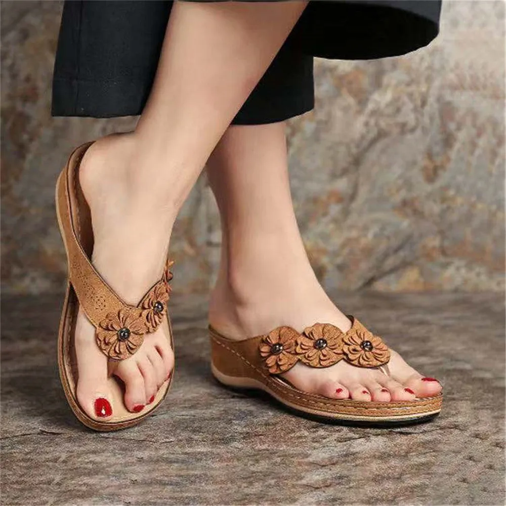 Women's Flower Flat Flip Flops Solid Color Open Toe Non Slip Slides Shoes