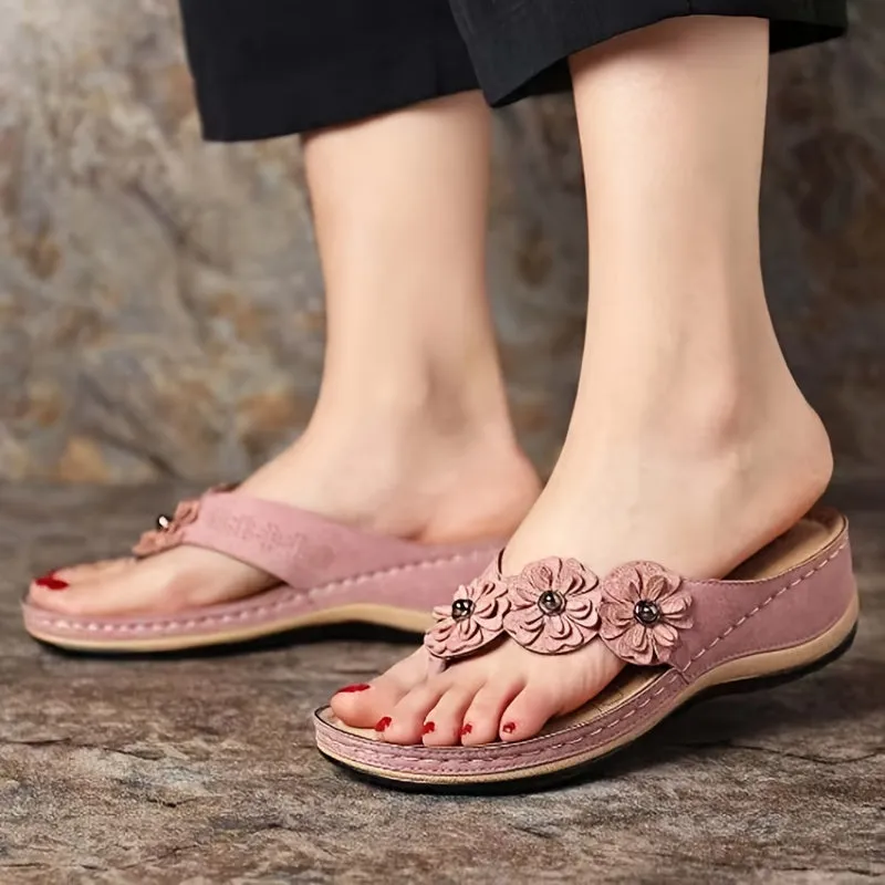 Women's Flower Flat Flip Flops Solid Color Open Toe Non Slip Slides Shoes