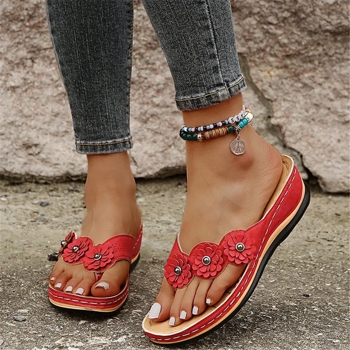 Women's Flower Flat Flip Flops Solid Color Open Toe Non Slip Slides Shoes