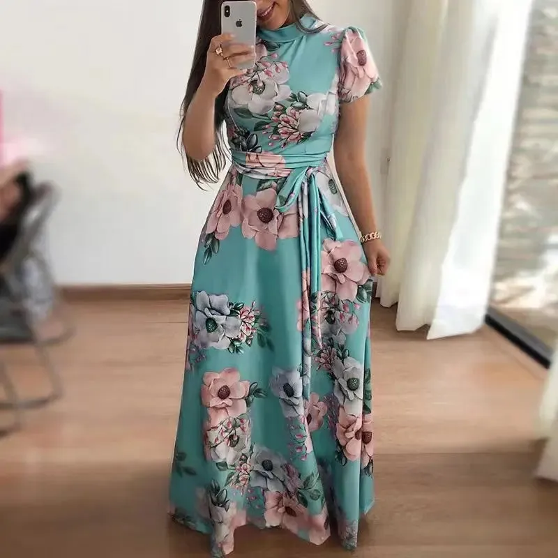 Women's Summer Long Super Long Dress Short Sleeve Flower