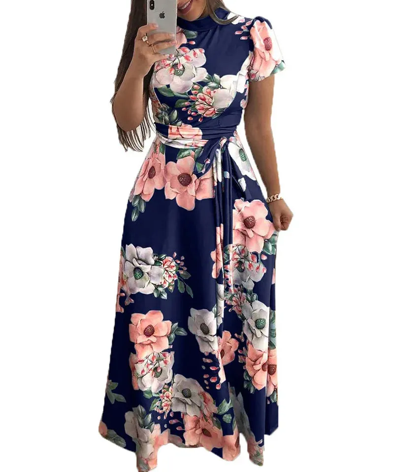 Women's Summer Long Super Long Dress Short Sleeve Flower