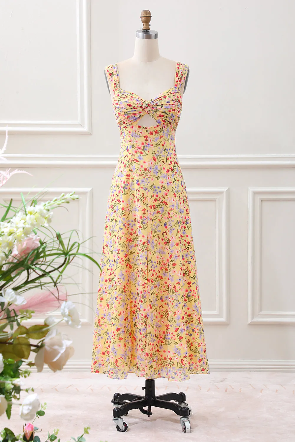 Yellow Flower A Line Corset Wedding Guest Dress